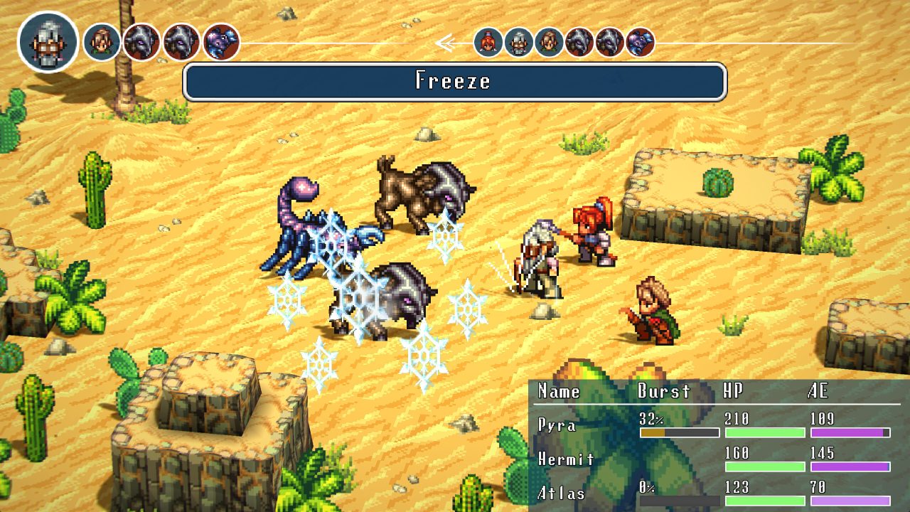 Alterium Shift screenshot featuring a turn-based combat screen. Three characters are fighting monsters in a desert.