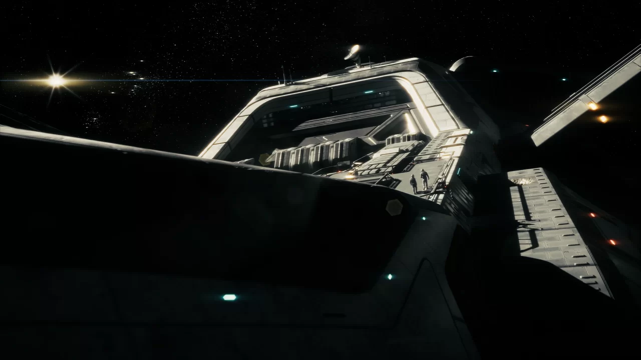 Two figures walk along the top of the spaceship Cassiopeia in Directive 8020.