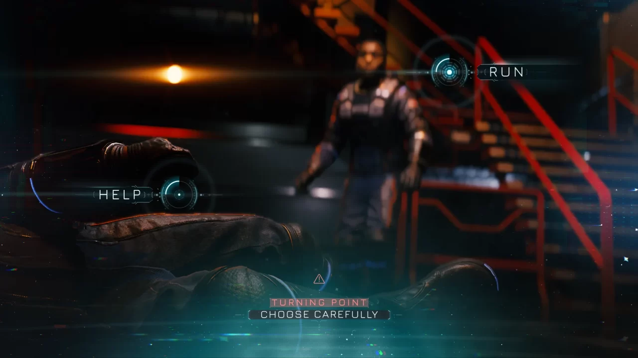 Directive 8020 screenshot of a character given the choice to help another person or run away.