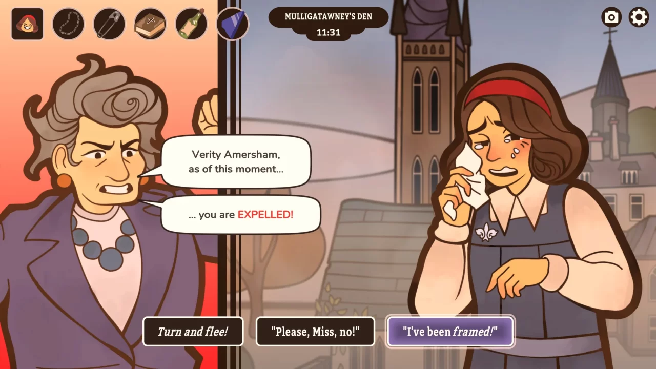 Oh no! You're expelled! The headmistress looks angry as she states this, and your response options include "turn and flee," "Please, Miss, no," and "I've been framed!"