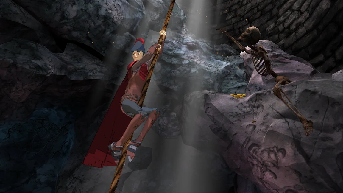 King's Quest (2015) Screenshot of Graham descending into a dark cave on a rope, passing a nearby skeleton on the way