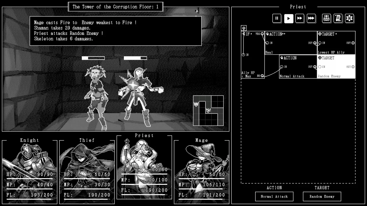 Building golem AI on a grid of commands as a first-person dungeon battle plays out with 4 party members in Algolemeth.