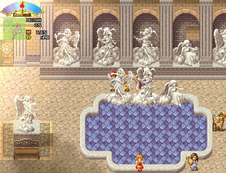 Elemasta screenshot of a party roaming a stone courtyard with a fountain and many large angel-like statues.
