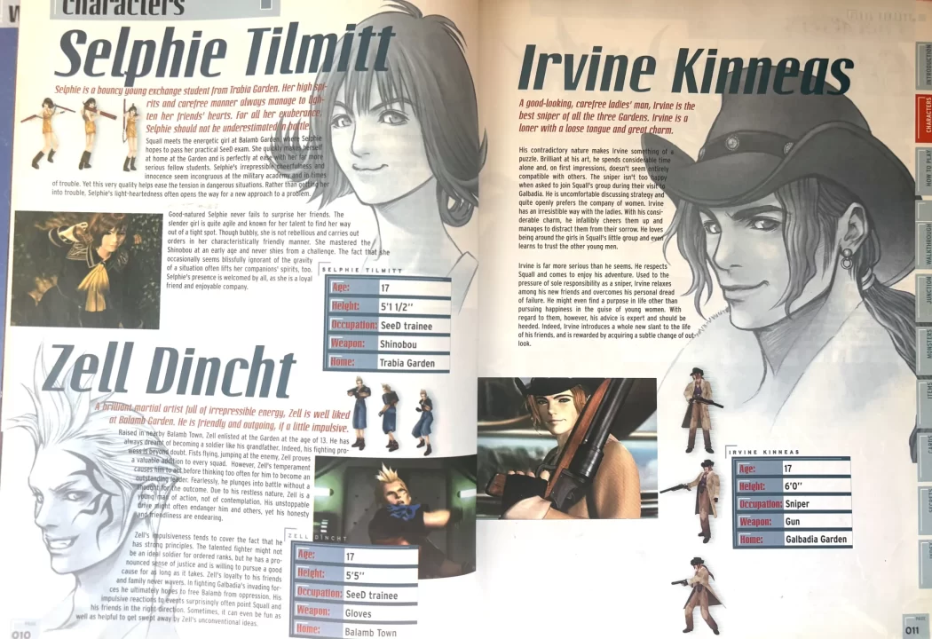 Final Fantasy VIII Strategy Guide character bios for Selphie, Irvine, and Zell