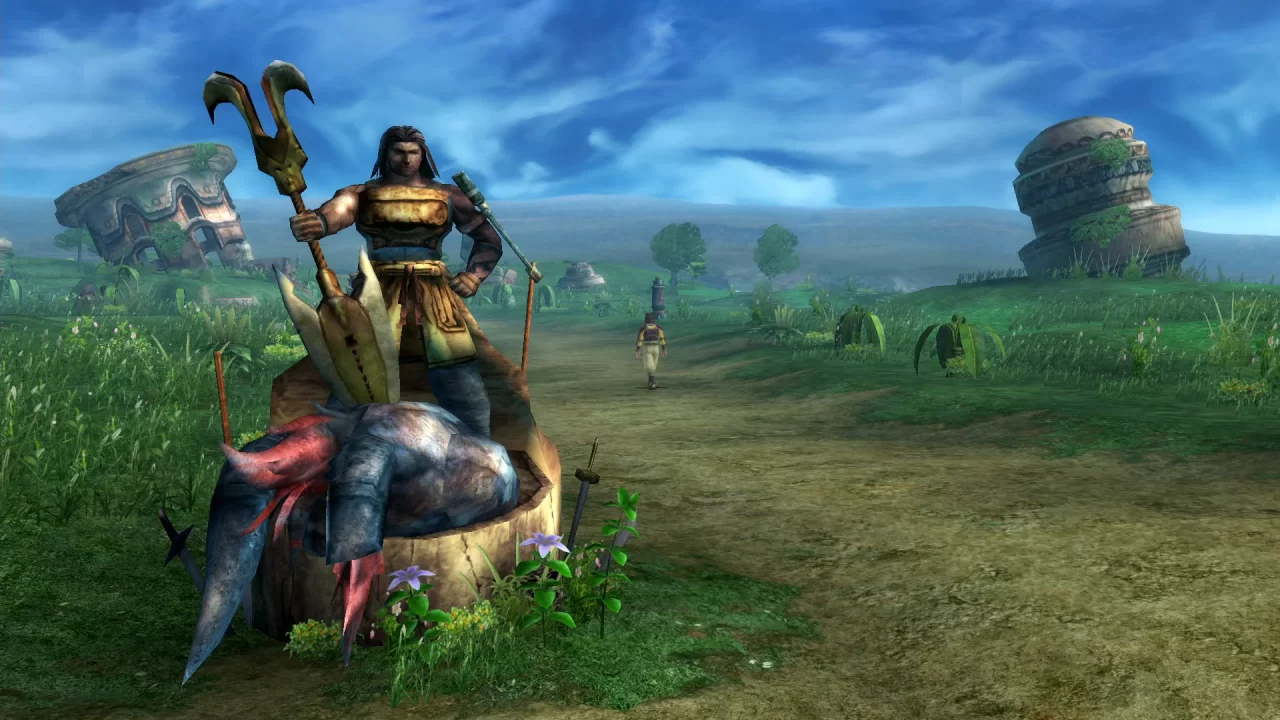 Final Fantasy X screenshot of a linear grassy highroad with a statue of an old hero plunging a spear into a monster.
