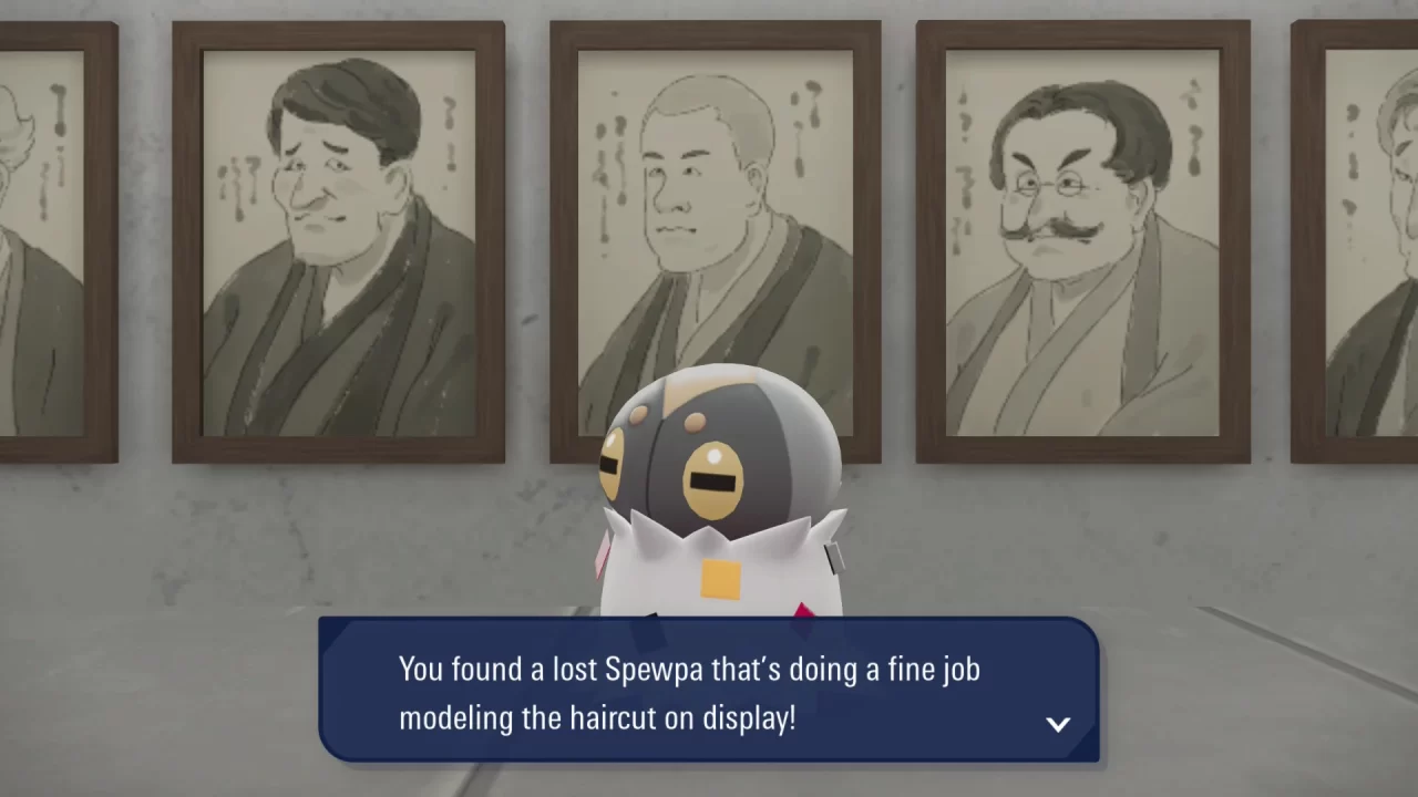 A Pokémon Legends: Z-A screenshot of a Spewpa in front of old Japanese-style portraits. Spewpa is directly in front of a portrait of someone with a shaved head, and the dialogue box reads, "You found a lost Spewpa that's doing a fine job modeling the haircut on display!"
