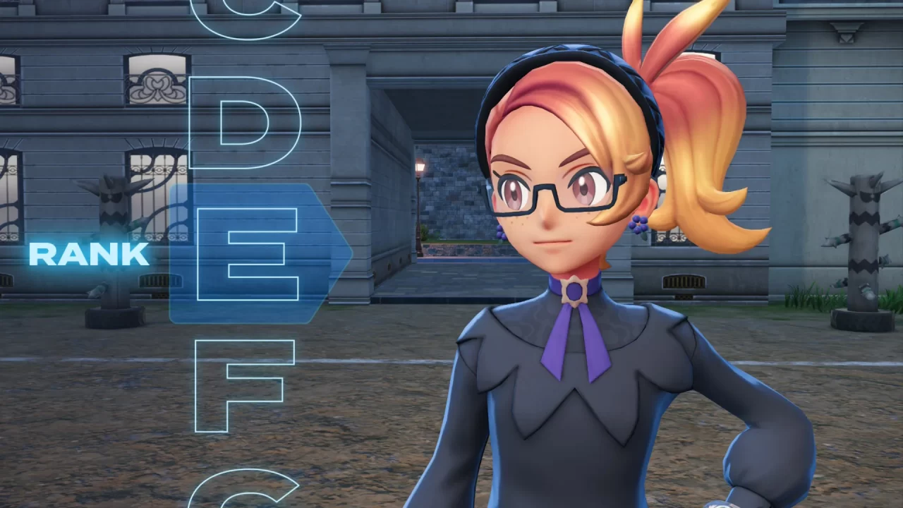 A Pokémon Legends: Z-A screenshot of the protagonist looking at an overlay showing the different ranks. Rank E is currently highlighted.