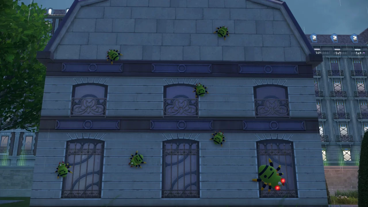 A Pokémon Legends: Z-A screenshot of six Spinarak and an Alpha Spinarak on the side of a building.