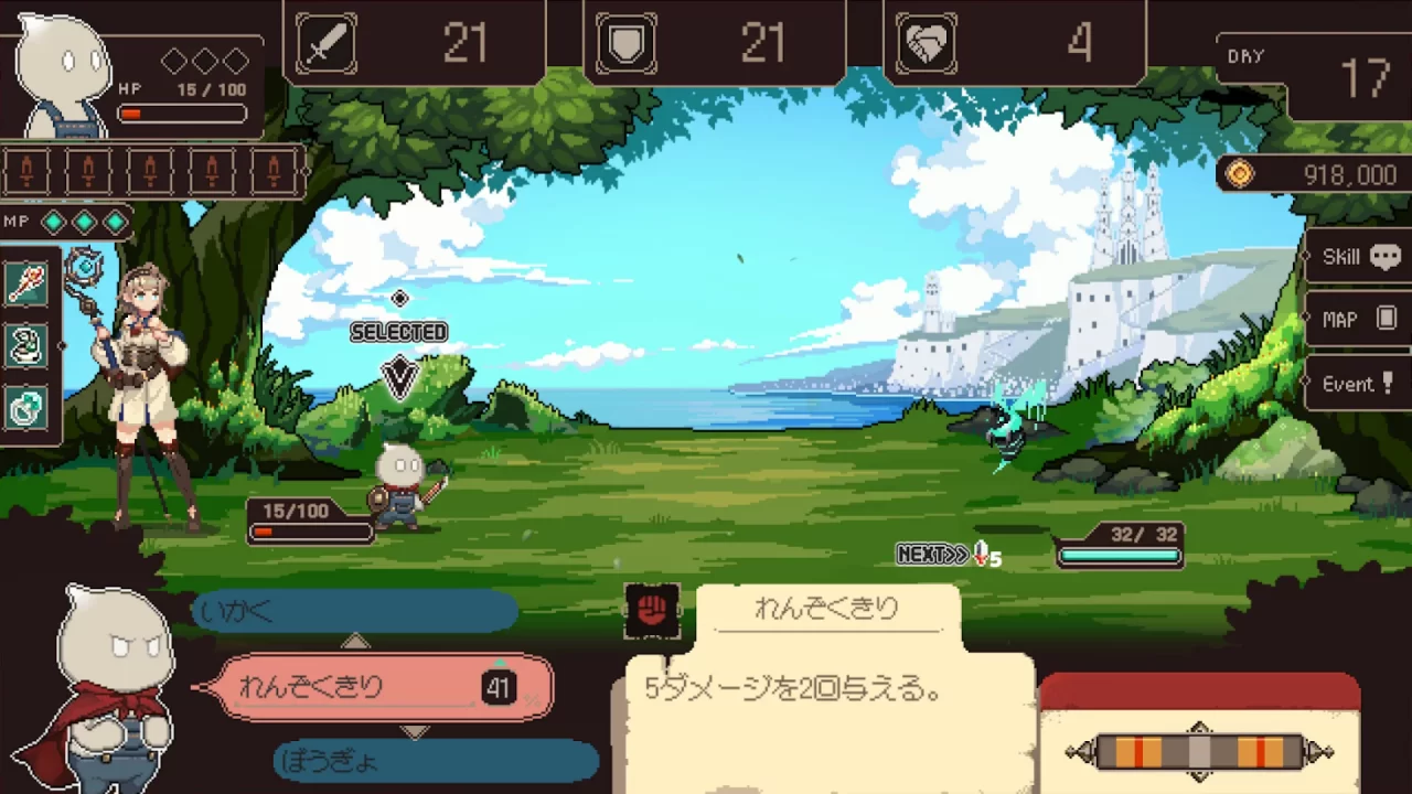 Project Solaris screenshot of a young girl directing a little gray fella to attack a neon wasp in a forest setting.