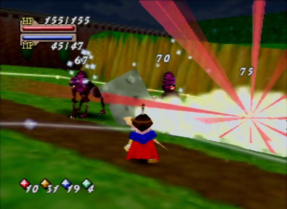 Quest 64 screenshot. Brian attacks three enemies at once with a rolling rock spell.