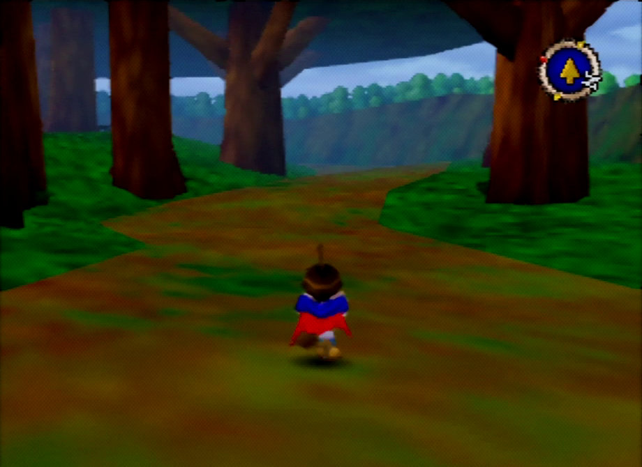 Quest 64 Screenshot. Brian runs through a dark forest full of large trees.