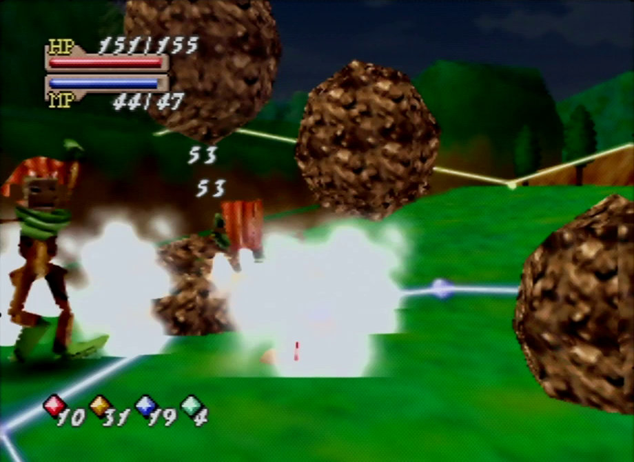 Quest 64 screenshot. Attacking a horde of enemies with an avalanche.