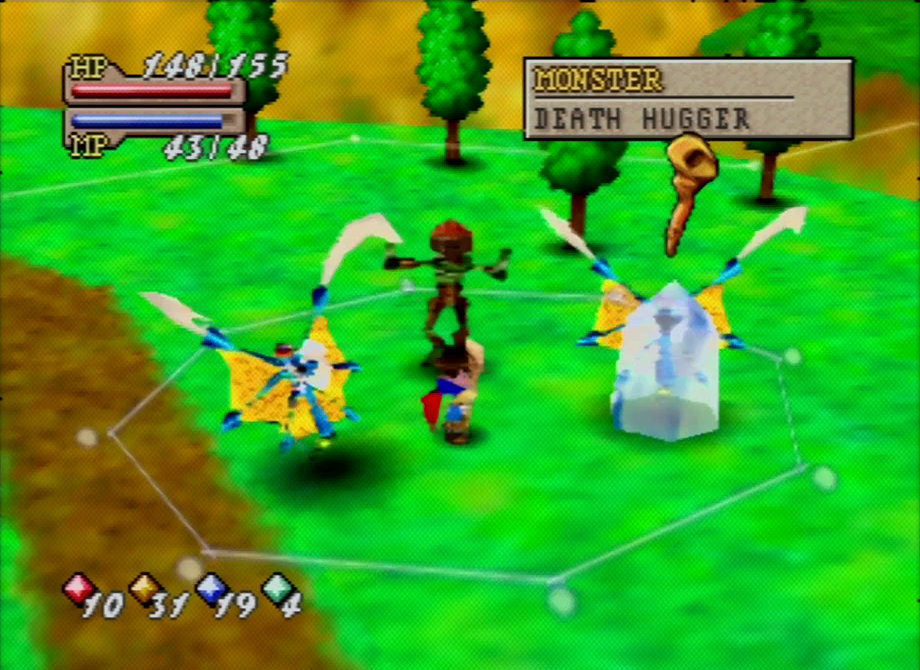 Quest 64 screenshot. Brian prepares to attack a frozen bat-like enemy with his staff.