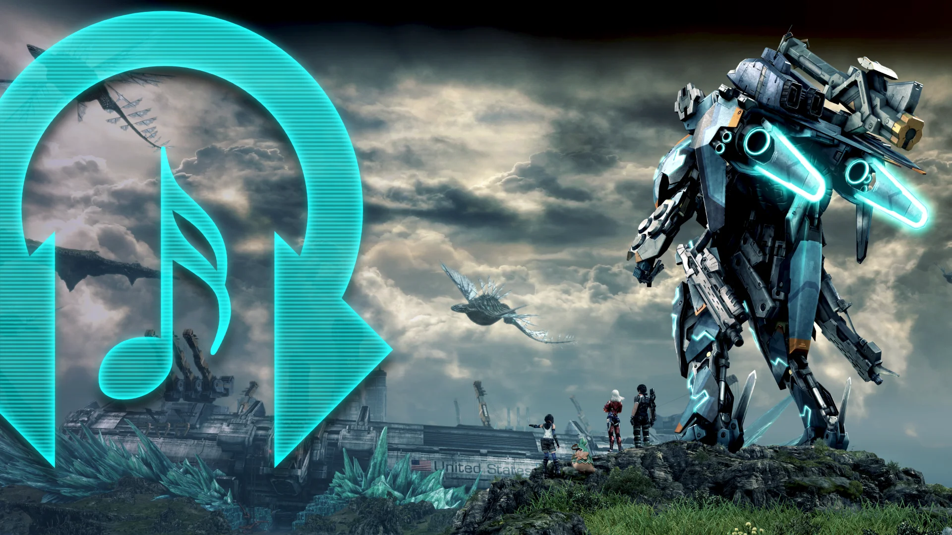 Rhythm Encounter 156 Xenoblade Chronicles X artwork of a huge mechanical overlooking the New LA spaceship city
