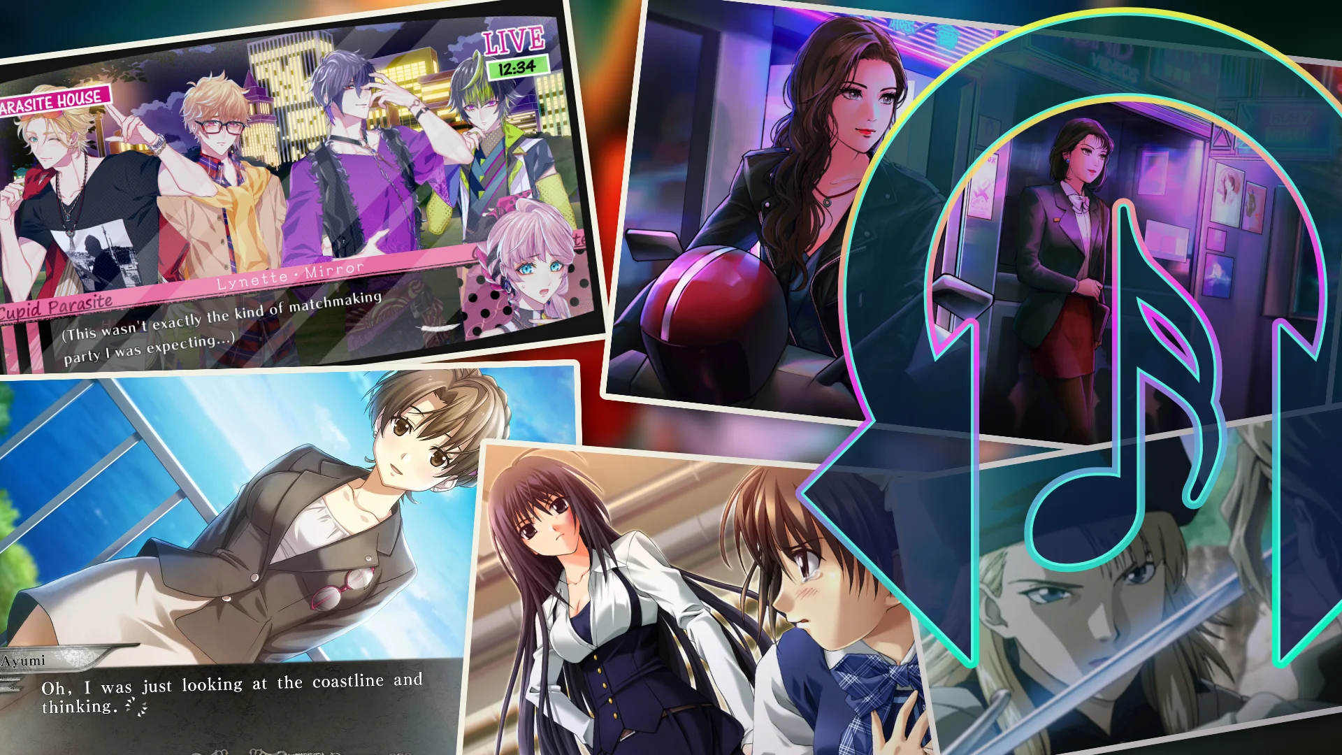 Rhythm Encounter 157 Visual Novel photo-style collage from YU-NO, Suikogaiden, Ever 17, Summers End, and Cupid Parasite
