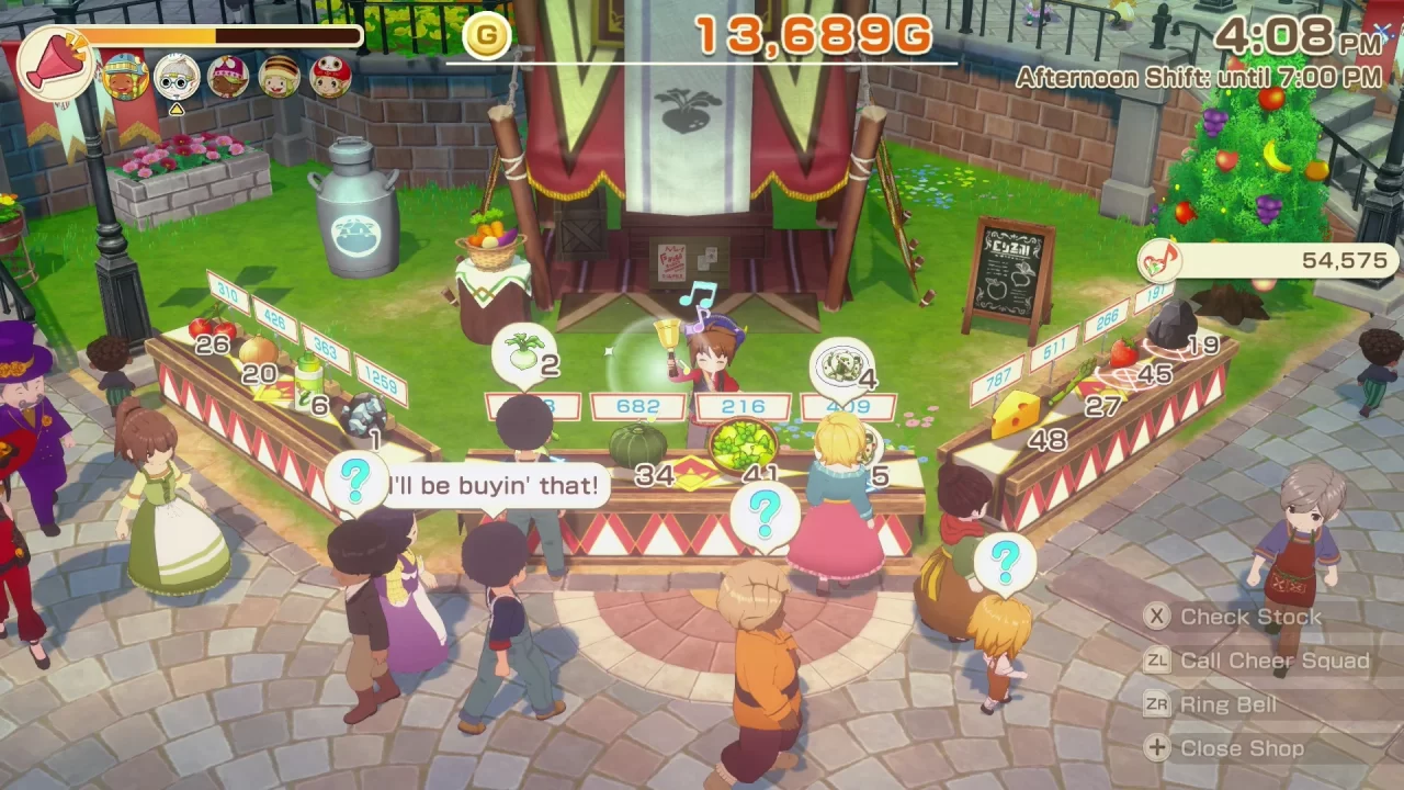 The farmer ringing the open bell and welcoming villagers to shop their fully-stocked booth of produce.