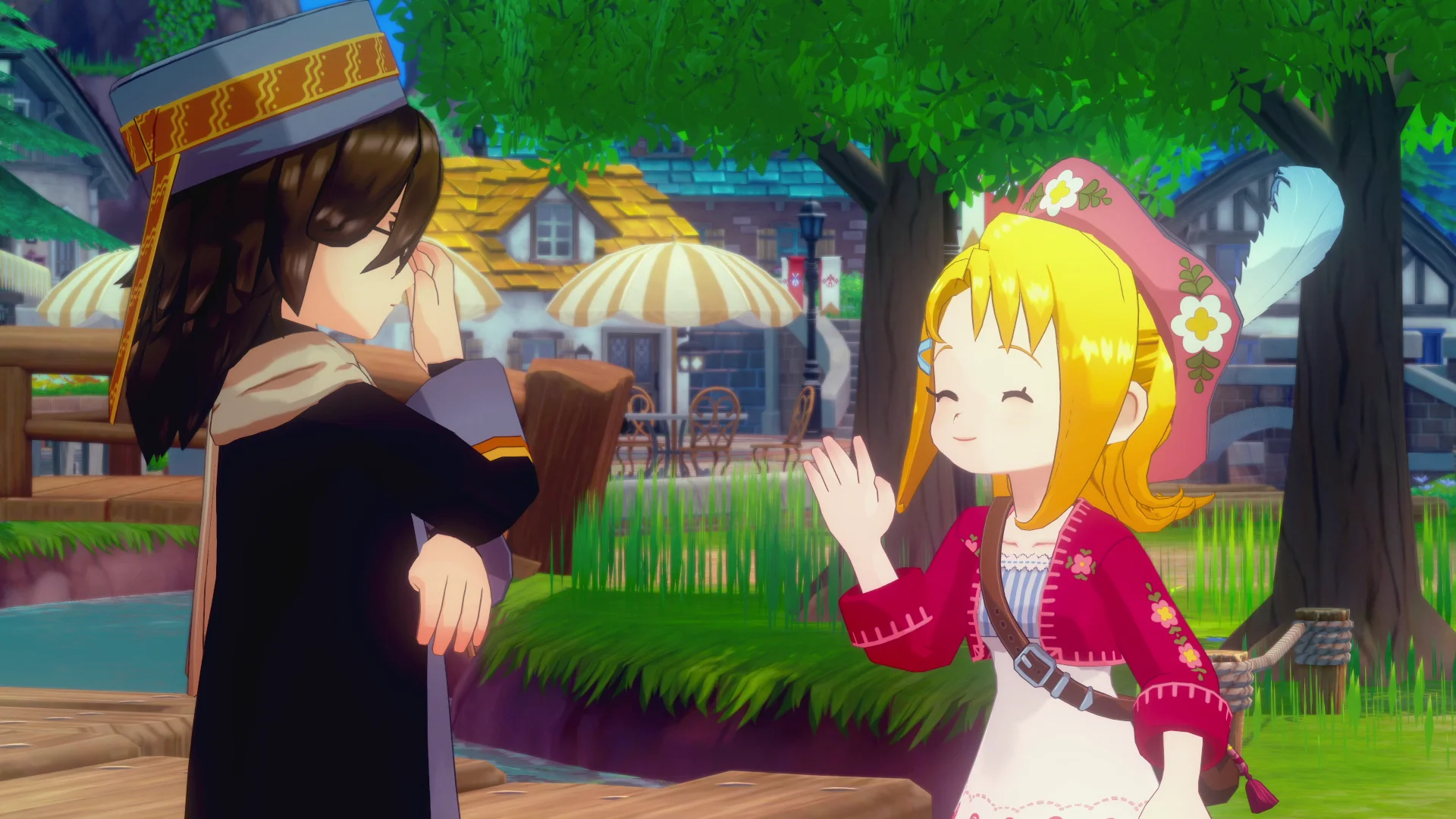 Two characters having a delightful conversation in Story of Seasons: Grand Bazaar.