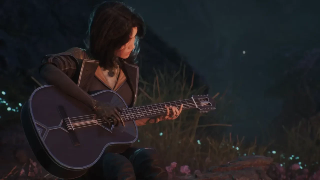 A woman sits in the grass at night strumming a guitar in Clair Obscur.