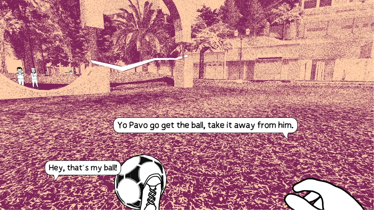 Screenshot from Despelote, depicting the main character kicking a ball.