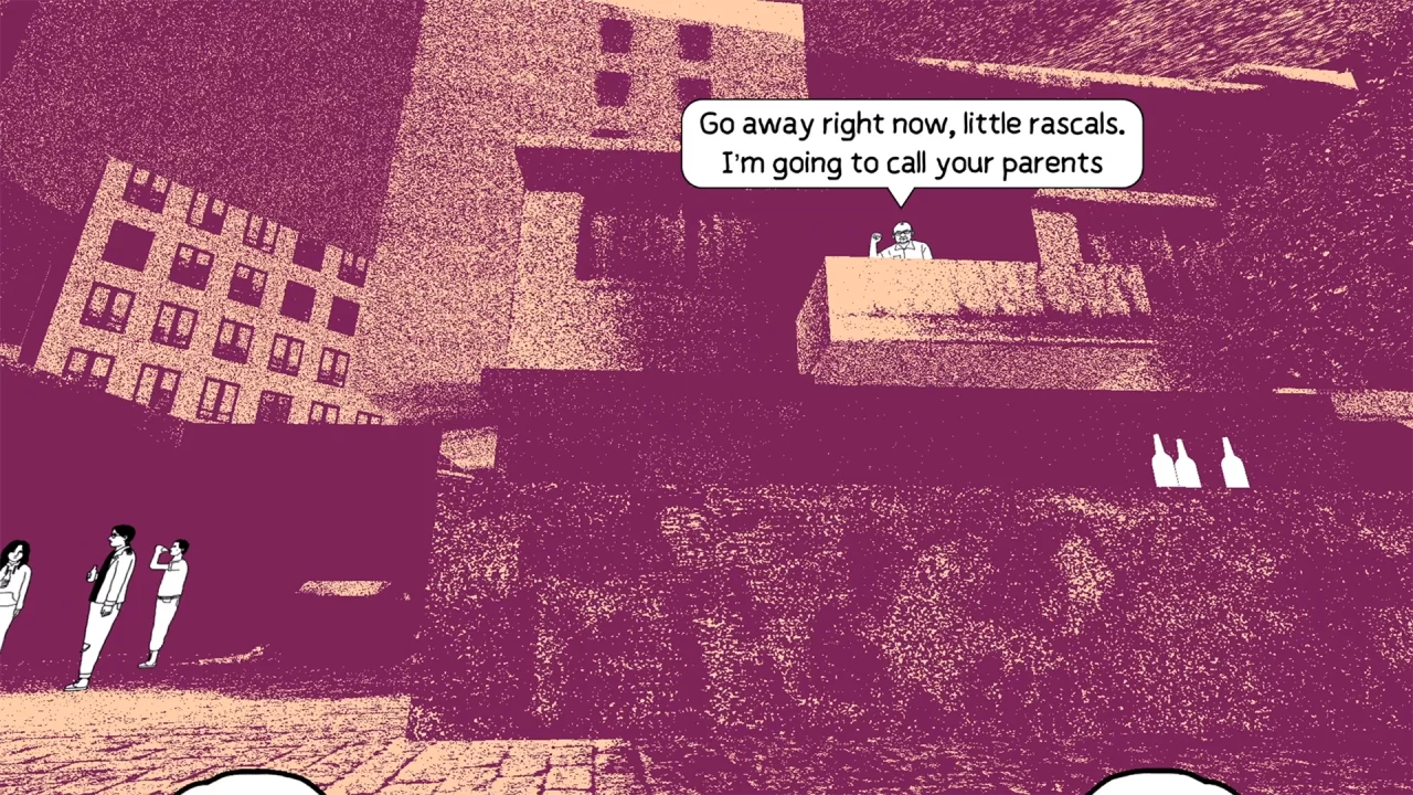 Screenshot from Despelote showing a man yelling at the protagonist from a balcony.
