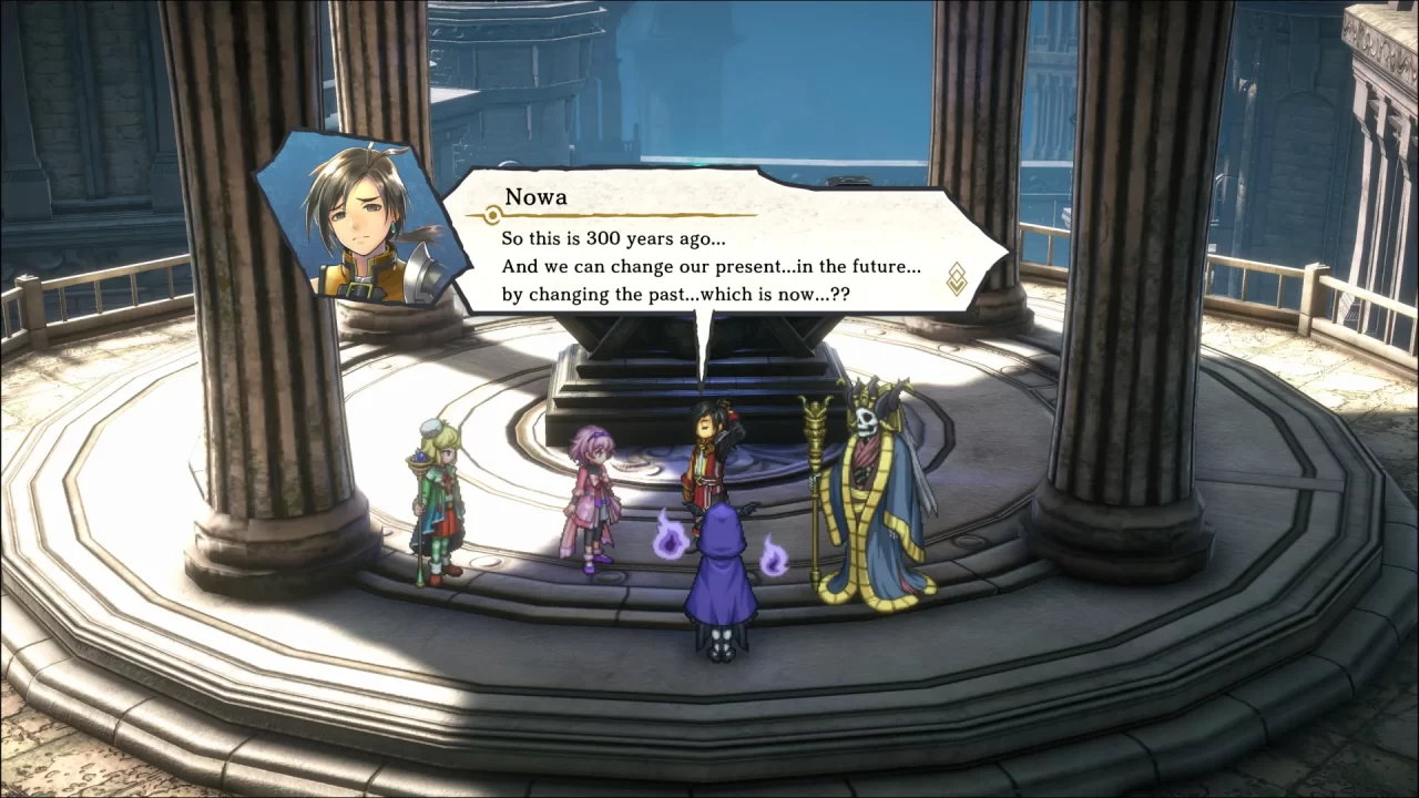 Nowa tries to come to terms with the concept of time travel in Eiyuden Chronicle: Hundred Heroes Story Expansion: The Chapter of Markus.