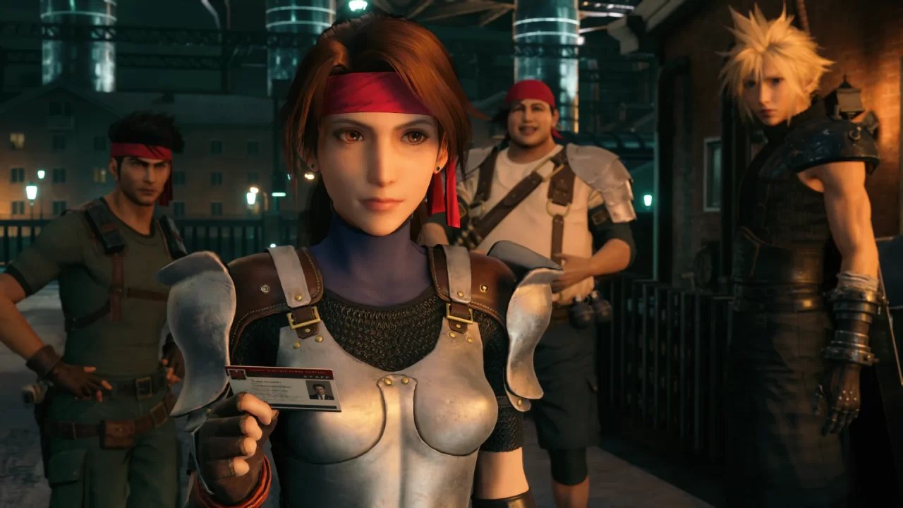 Jessie, backgrounded by Wedge, Biggs, and Cloud, holds an ID card that is crucial to her story mission in Final Fantasy VII Remake Intergrade. 