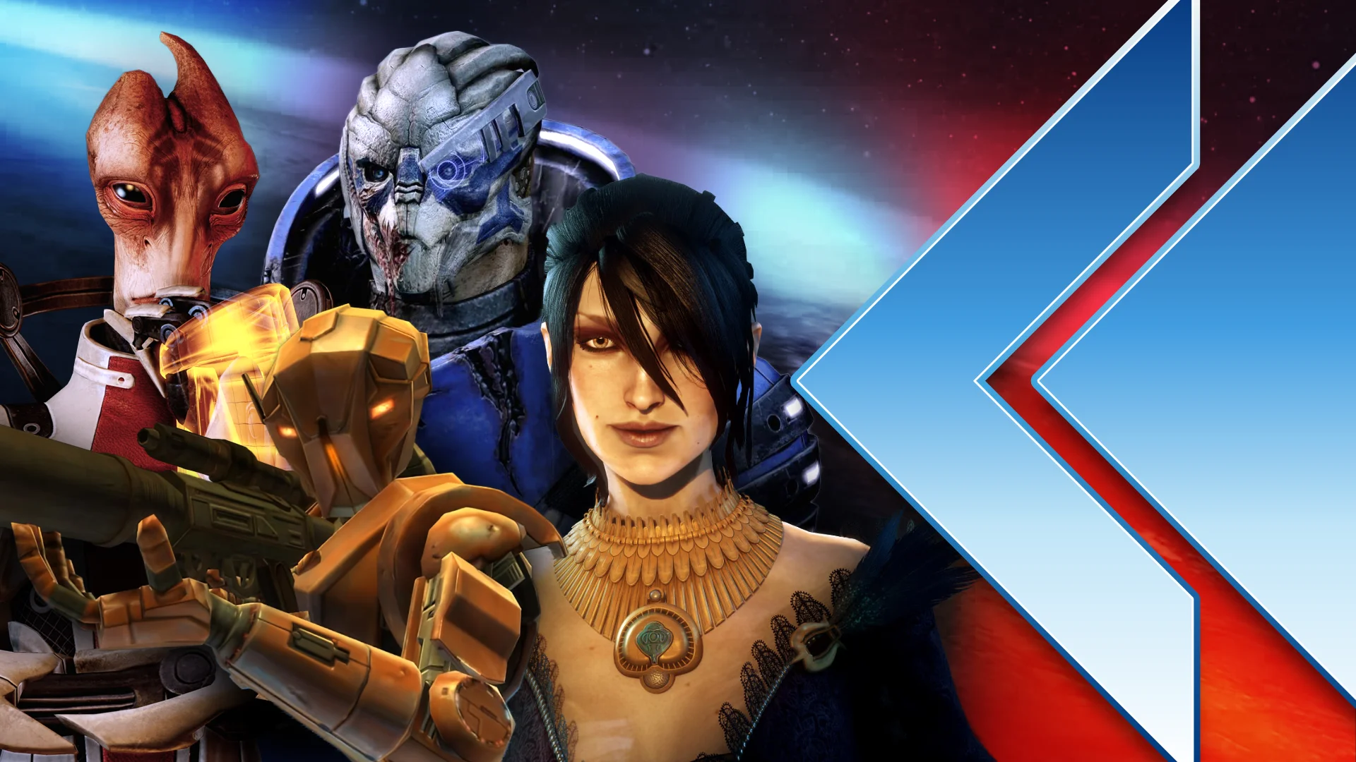 Retro Encounter 457 BioWare Draft with characters from Dragon Age Inquisition, Mass Effect, and Star Wars Knights of the Old Republic