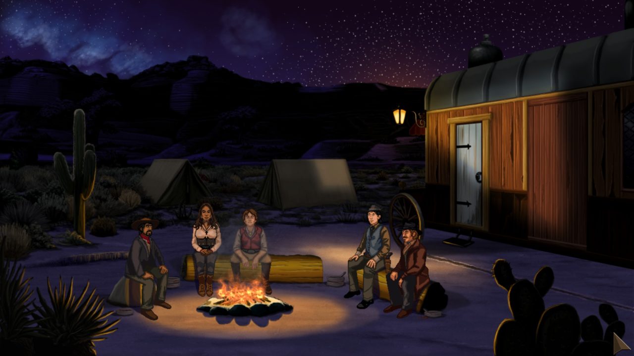 Rosewater screenshot - The main cast sitting around a campfire at night.