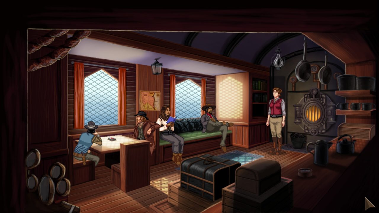 Rosewater screenshot - The main cast relaxing inside a wagon.