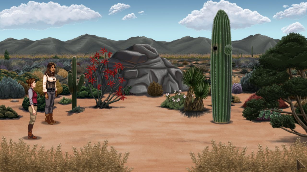 Rosewater screenshot - Two women in a desert filled with colorful plants.