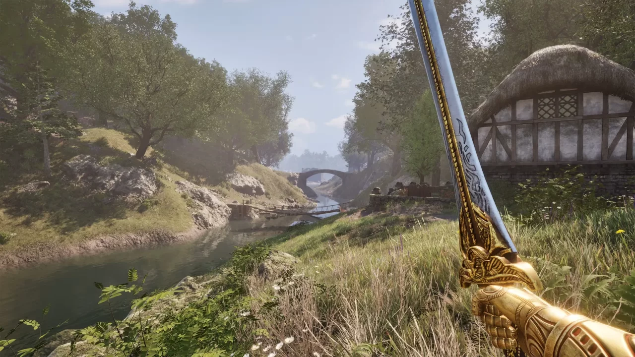 An armored warrior's perspective of a hut and a nearby river snaking through a grassy glade. 