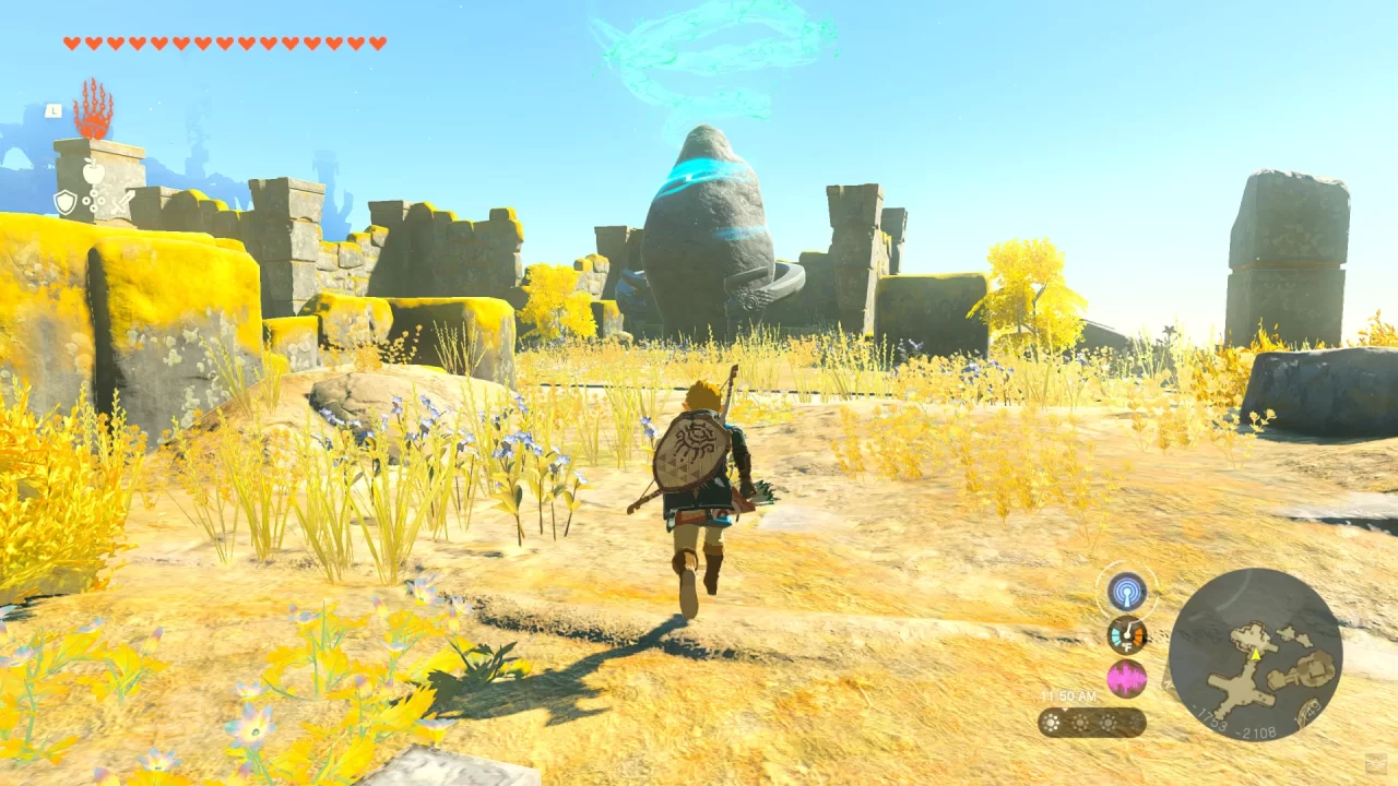 Link running through a field in Tears of the Kingdom.