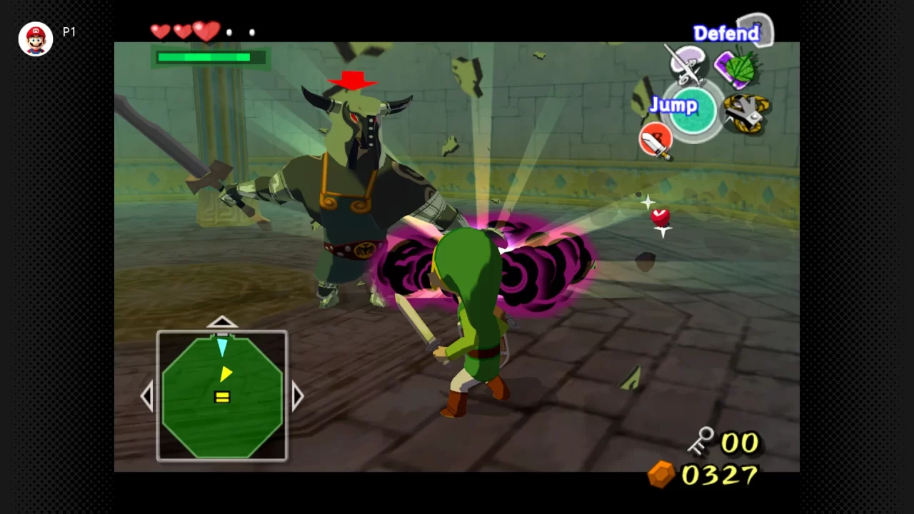 The Wind Waker screenshot of Link battling a Darknut in a dungeon