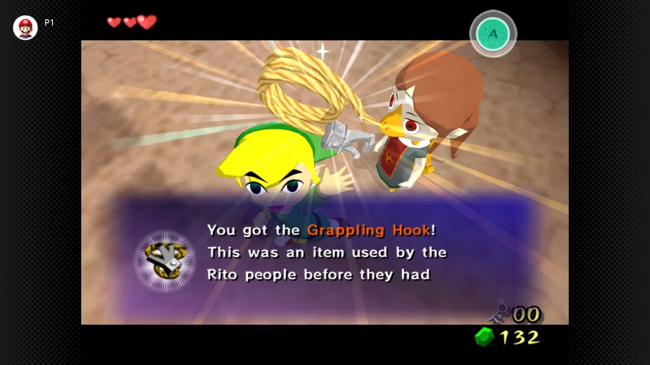 Link gets the Grappling Hook as Medli watches on