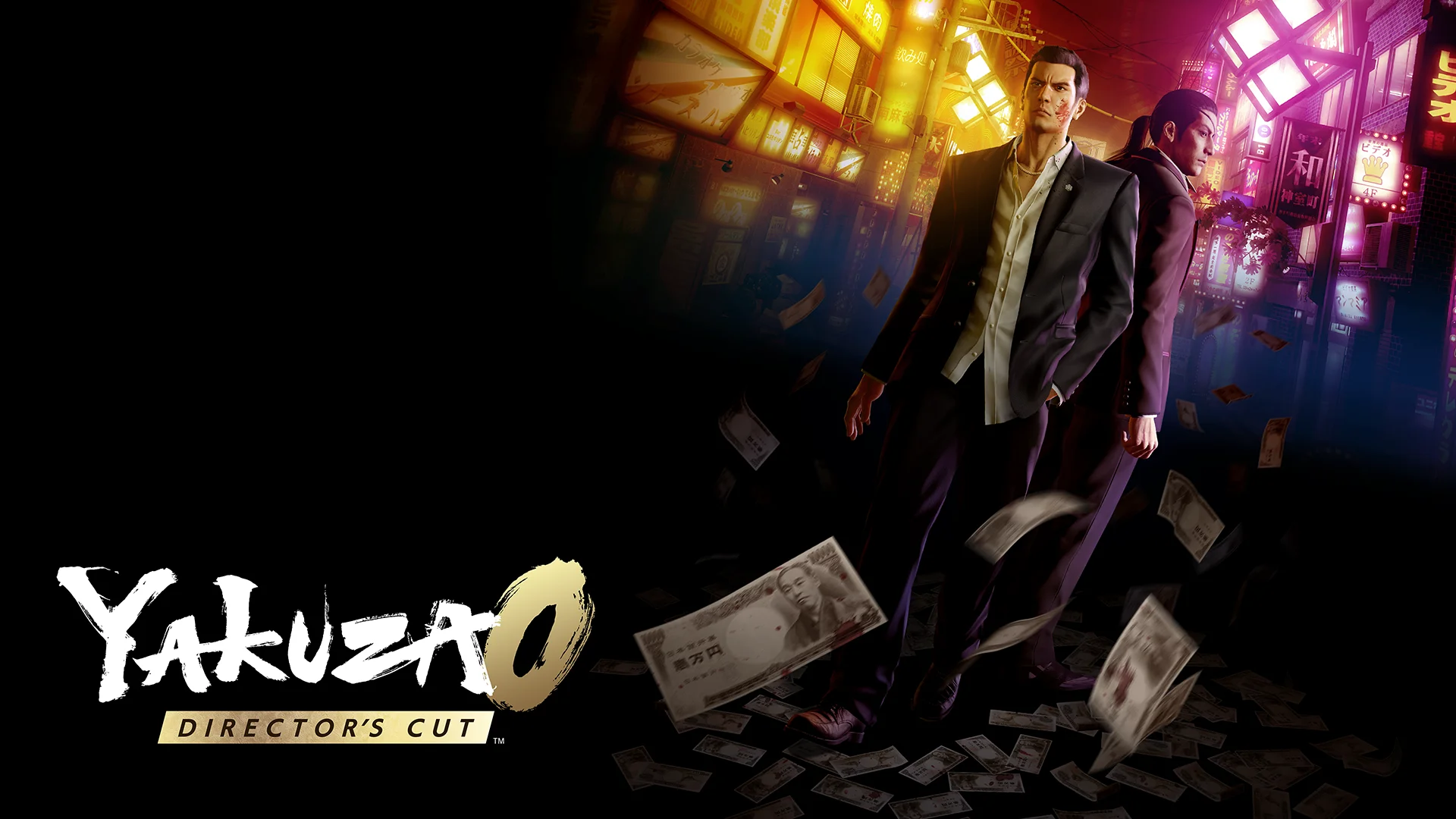 Yakuza 0 Director's Cut artwork of Kiryu and Majima walking through money strewn on the streets of Kamurocho.