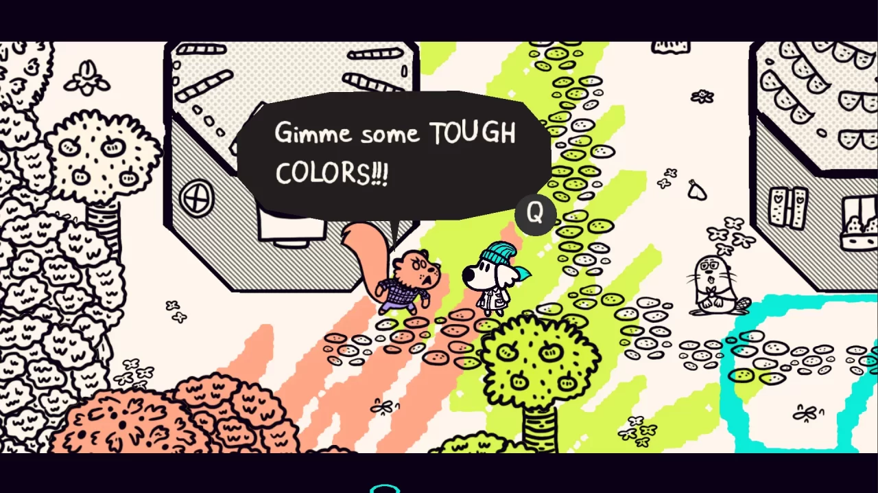 An NPC encourages the protagonist to color.