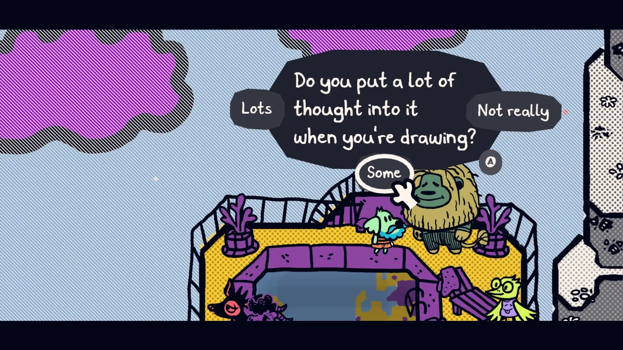An NPC asks the protagonist if they put thought into their drawing, offering dialogue options in response.