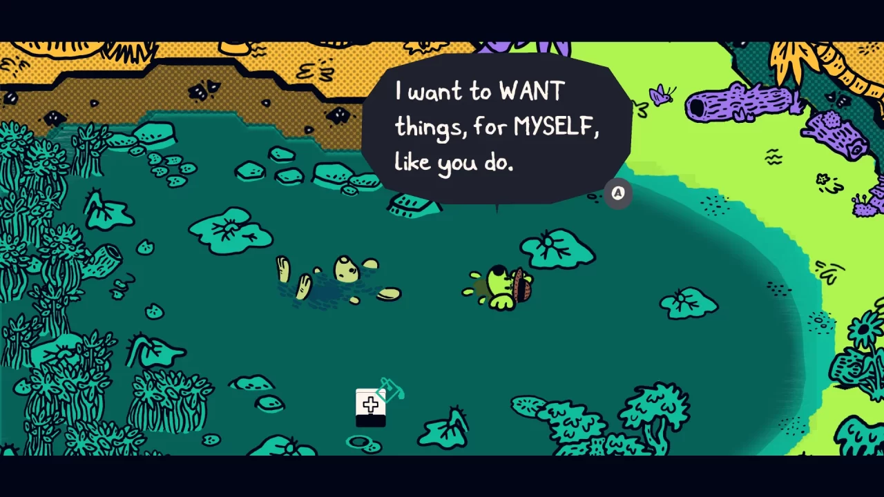 The protagonist and Chicory float in a pool and reflect on purpose and motivation.