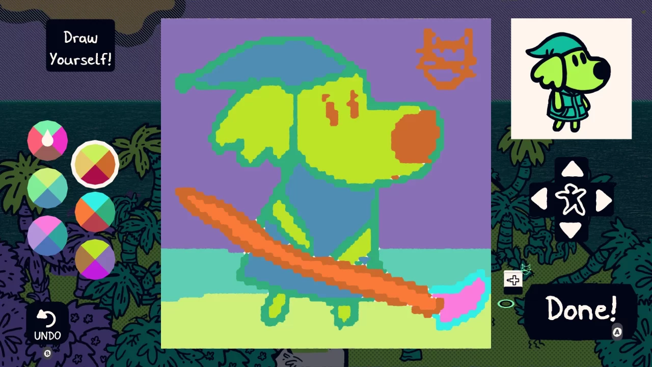 A painting of the protagonist I drew when the game prompted me to.