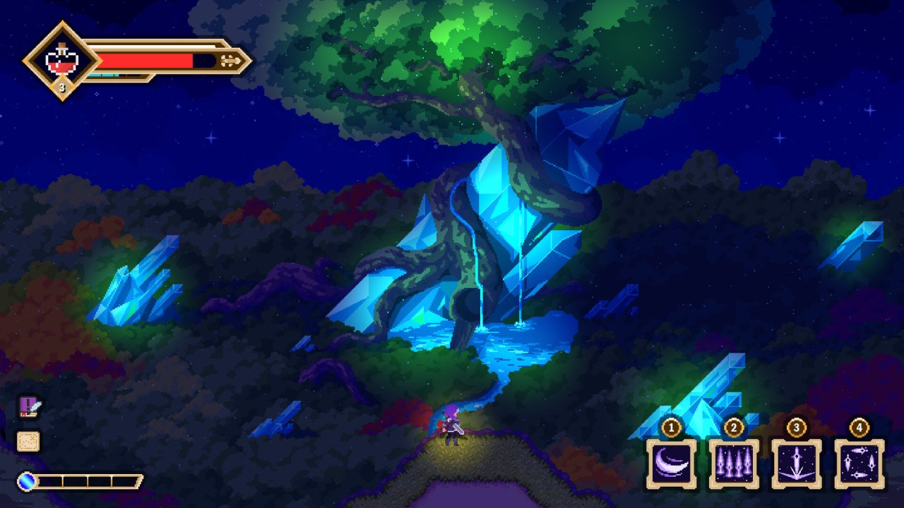 A tree growing around a massive crystal in a lake in Colossus Eternal Blight.