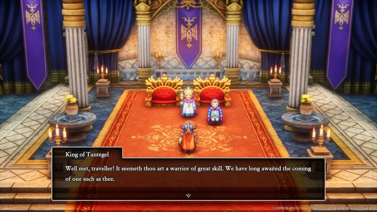The King of Tantagel welcoming the vaunted hero in his throne room.