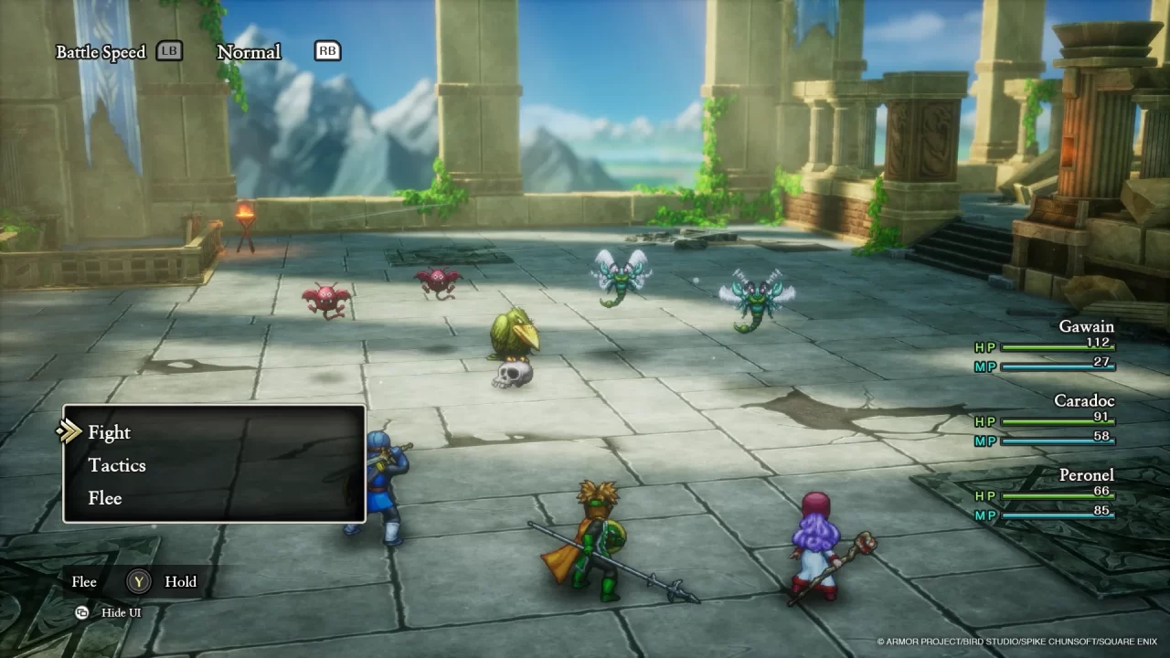 A battle against several flying enemies in an old castle in Dragon Quest II HD-2D Remake
