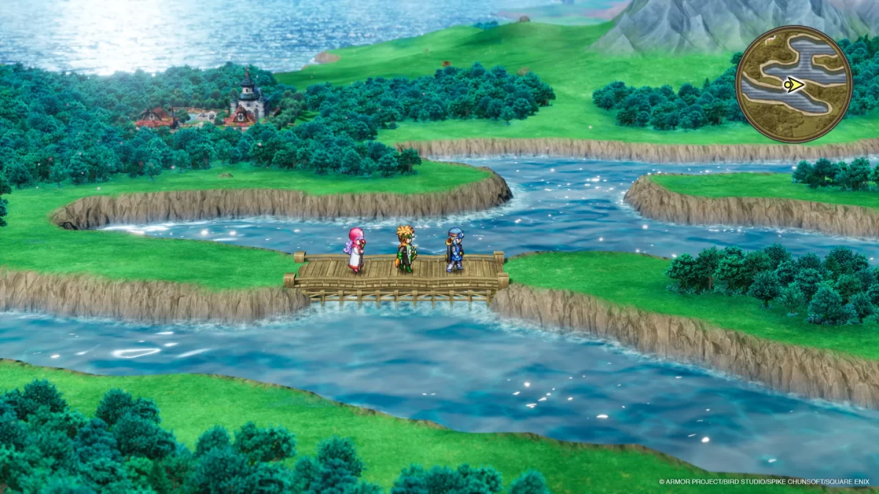 Walking across a wooden bridge over a scenic landscape on Dragon Quest II HD-2D's world map
