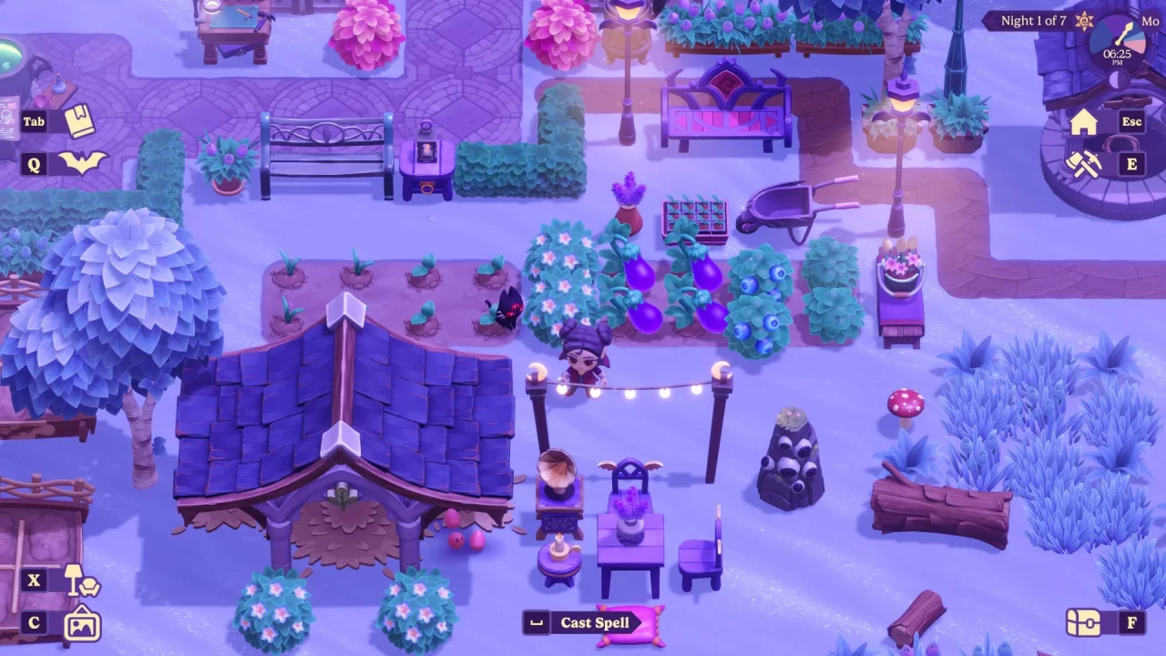 A vampire farmer in Moonlight Peaks standing near a three-eyed kitty, crops, and a stony golem.