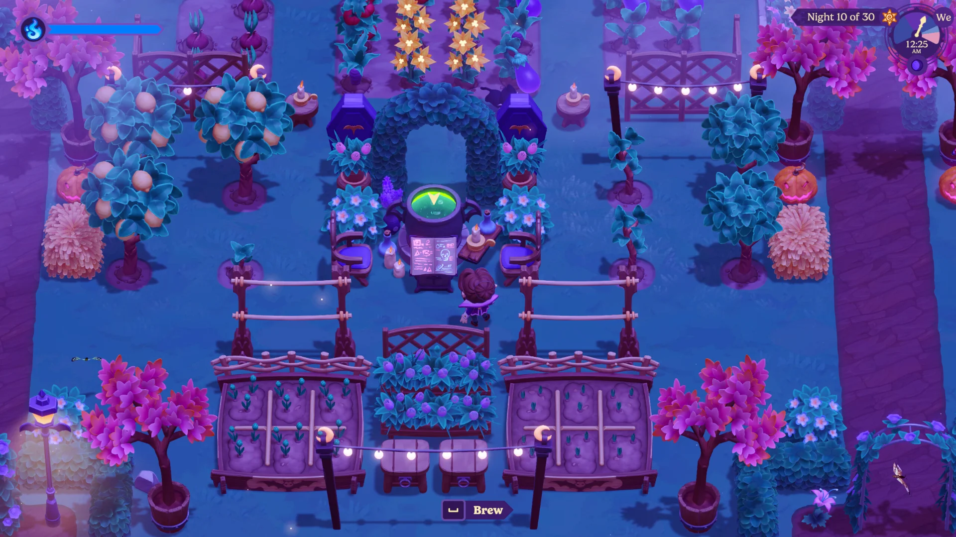 A nocturnal farm full of crops, fruit trees, and a cauldron in Moonlight Peaks.