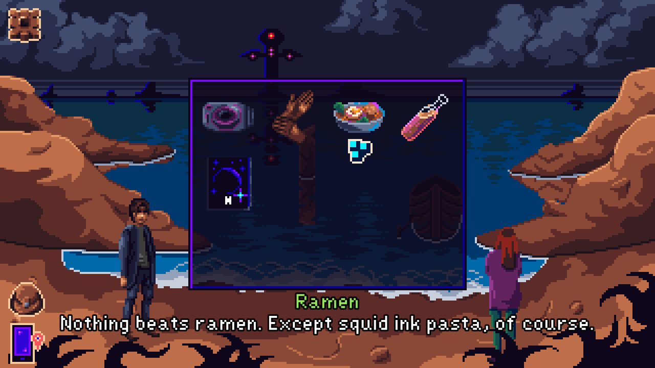 Players can open the backpack inventory to select different objects and use them to interact with the world to solve puzzles.