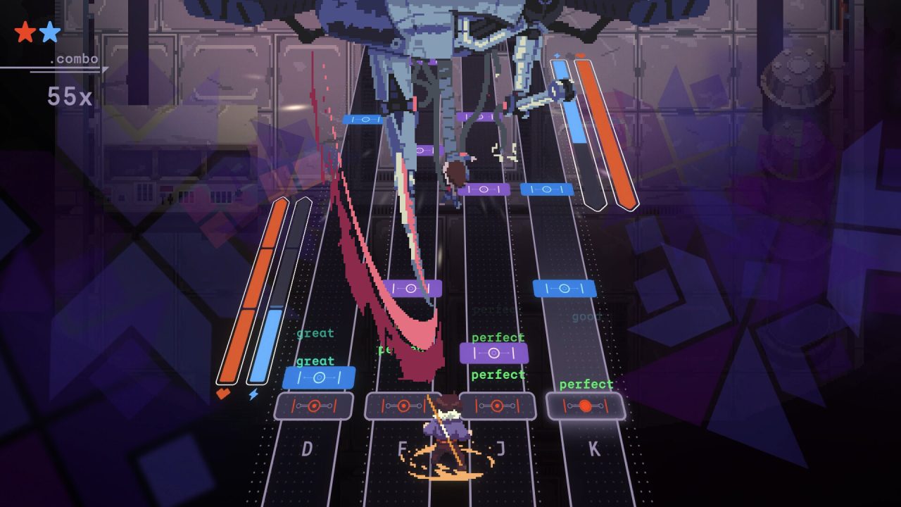 Guitar Hero-like music lanes battling a hanging, multi-armed robot in Nocturne.