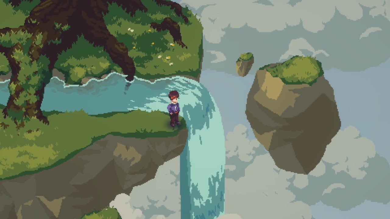 Nocturne screenshot of a character at a cliff edge watching the river flow over the edge.
