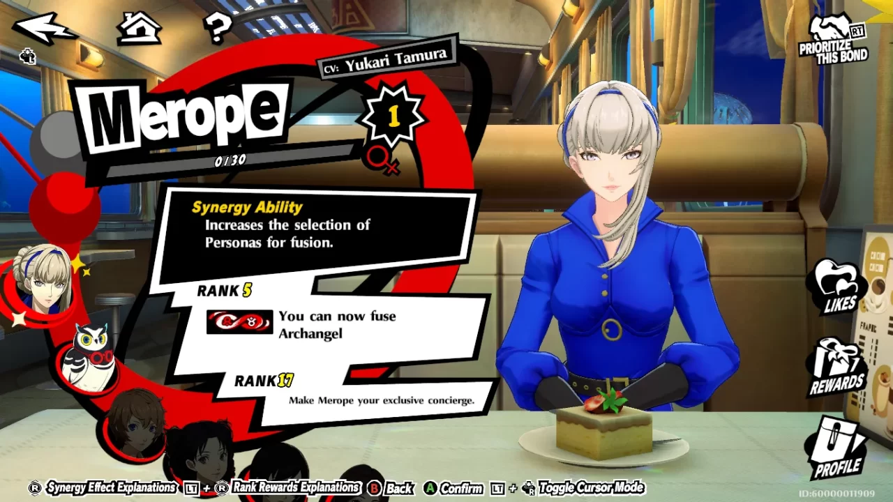 Merope's Synergy status screenshot in Persona 5: The Phantom X. Merope sits in a cafe booth, chatting eating a piece of cake.