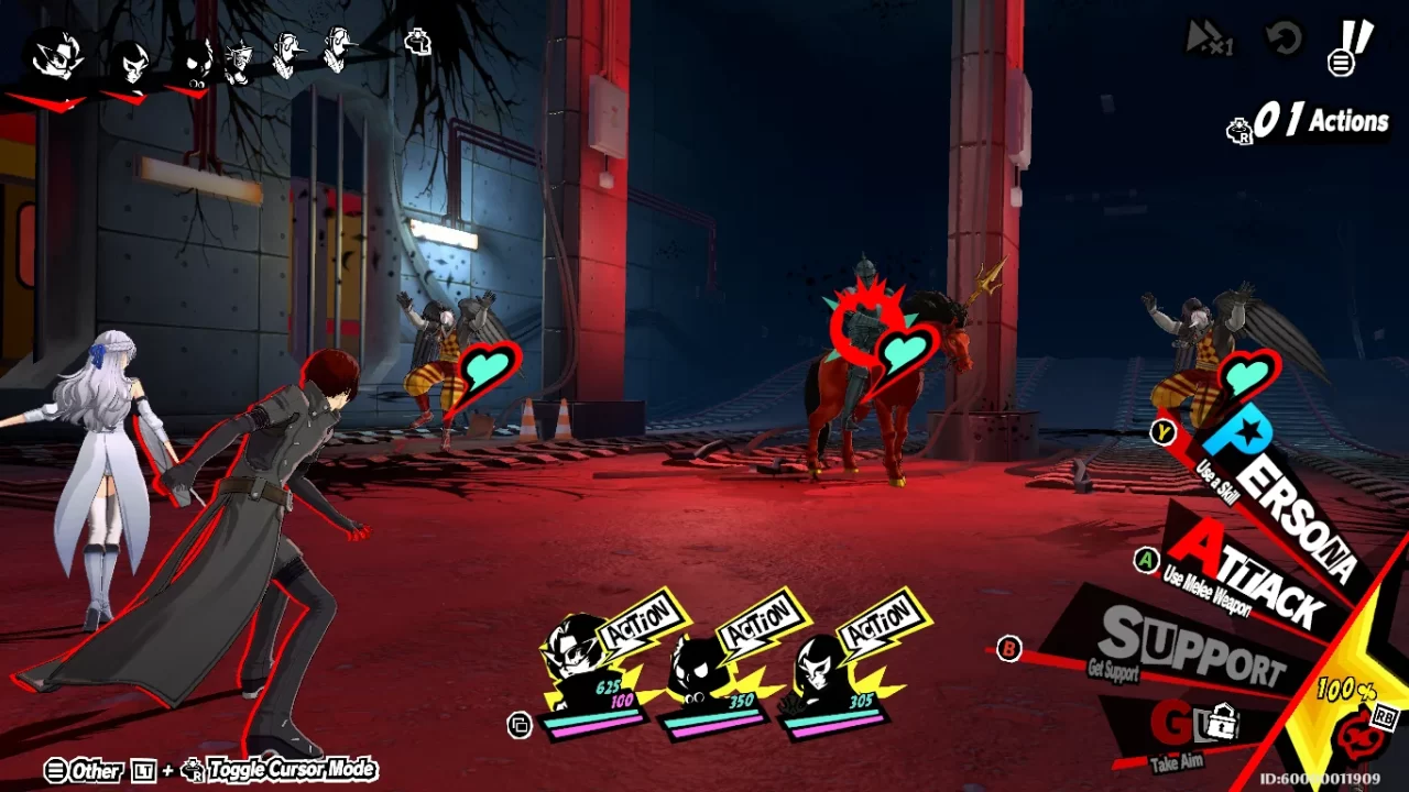 A battle takes place in Persona 5: The Phantom X. The party faces off against two flying tengu monsters and a demonic knight on horseback.